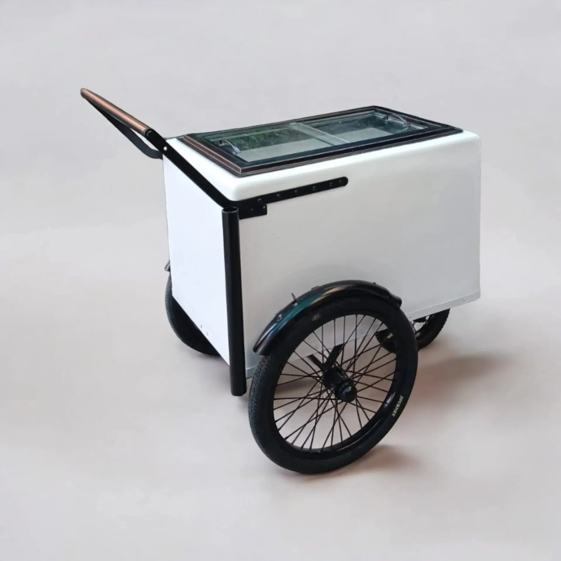 Tall Standard Size White with Black trim Popsicle Cart with Sliding Glass Doors and Bicycle Tires - Image 3