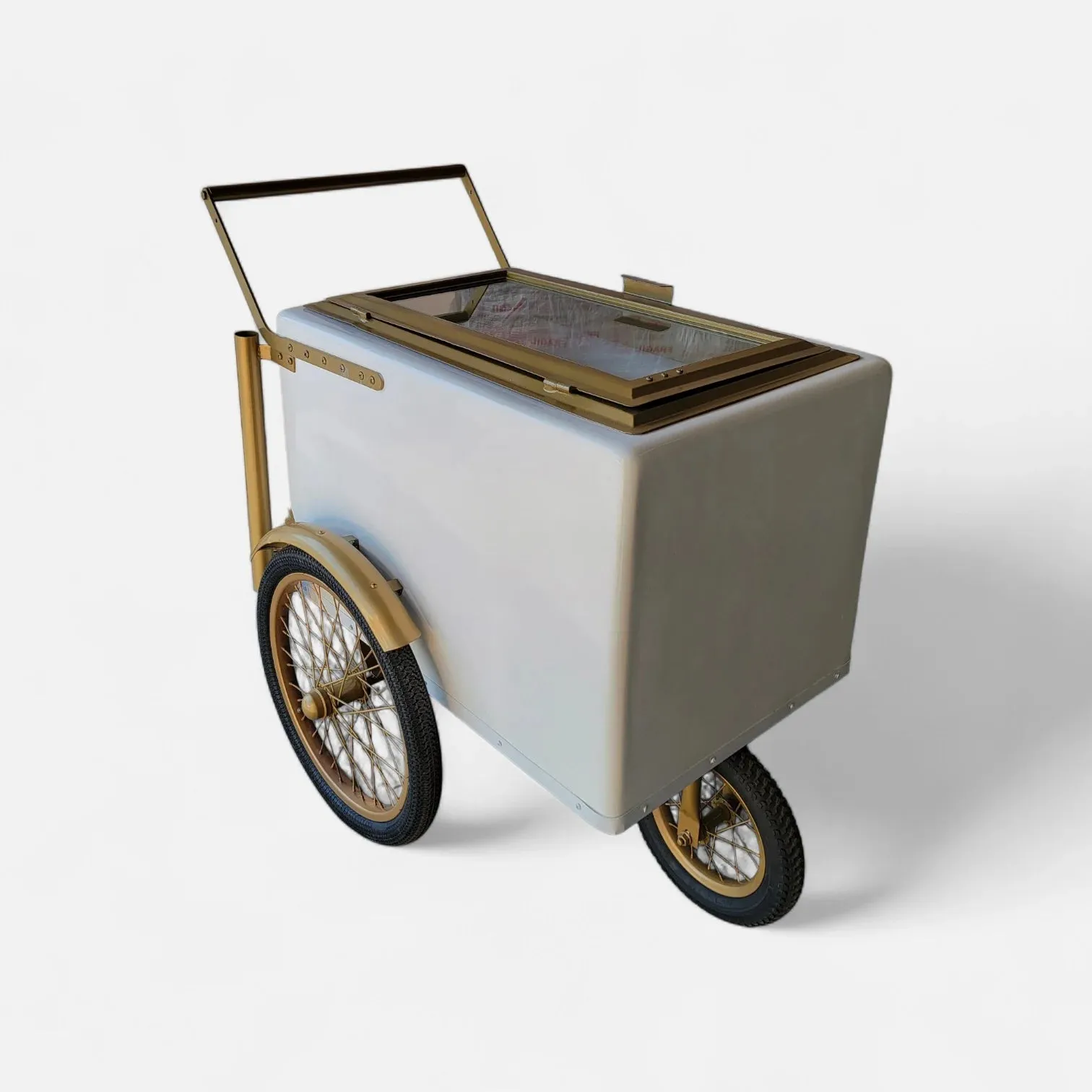 Tall Standard Size White with Gold trim Popsicle Cart with Glass Door and Bicycle Tires - Image 3