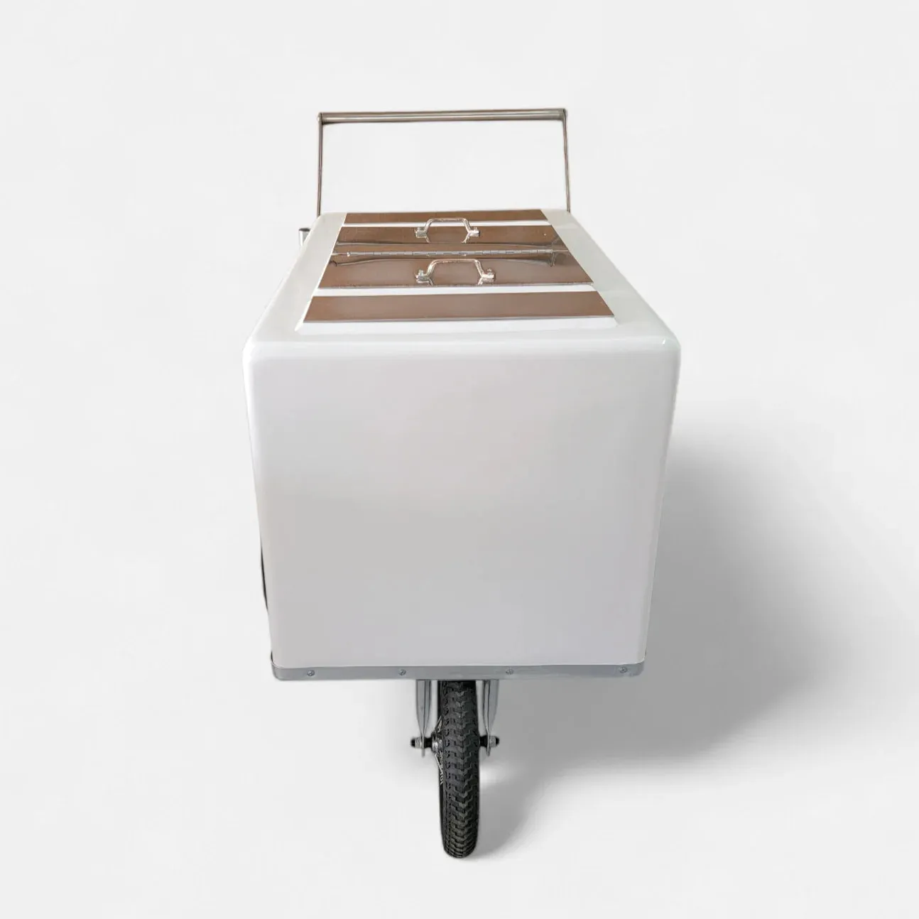 Tall Standard Size Popsicle & Ice Cream Cart with Bicycle Tires – White / Chrome / Stainless Steel – 3 Top Lid Openings - Image 7