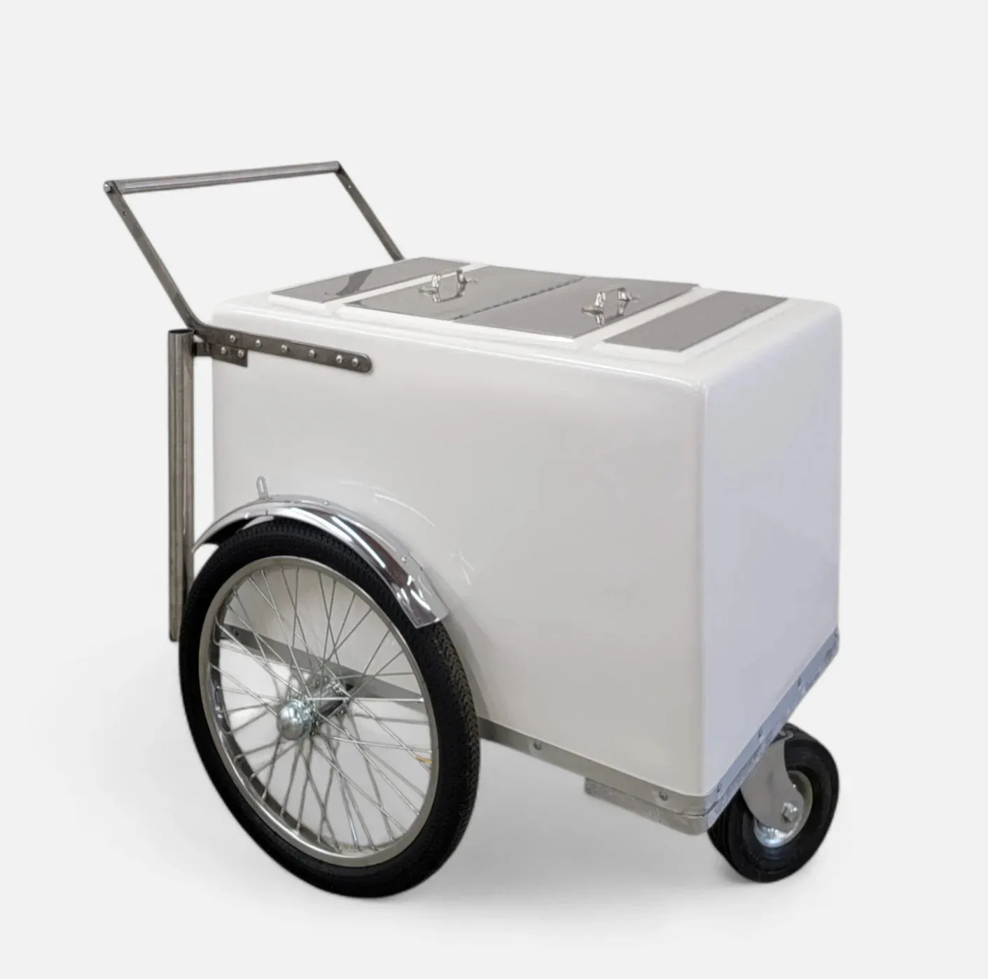 Standard Size Popsicle & Ice Cream Cart with Bicycle Tires – White / Chrome / Stainless Steel – 3 Top Lid Openings - Image 6