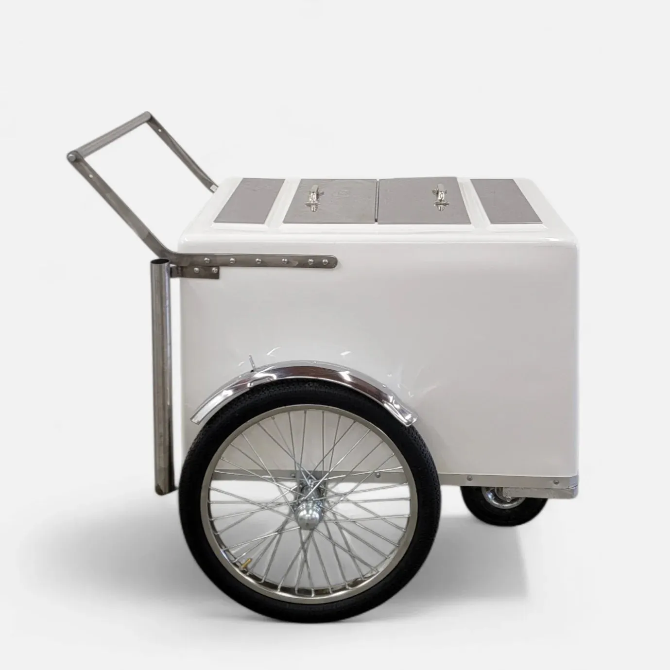 Standard Size Popsicle & Ice Cream Cart with Bicycle Tires – White / Chrome / Stainless Steel – 3 Top Lid Openings - Image 5