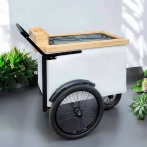 Tall Standard Size White with Black trim Popsicle Cart with Sliding Glass Doors and  Bicycle Tires