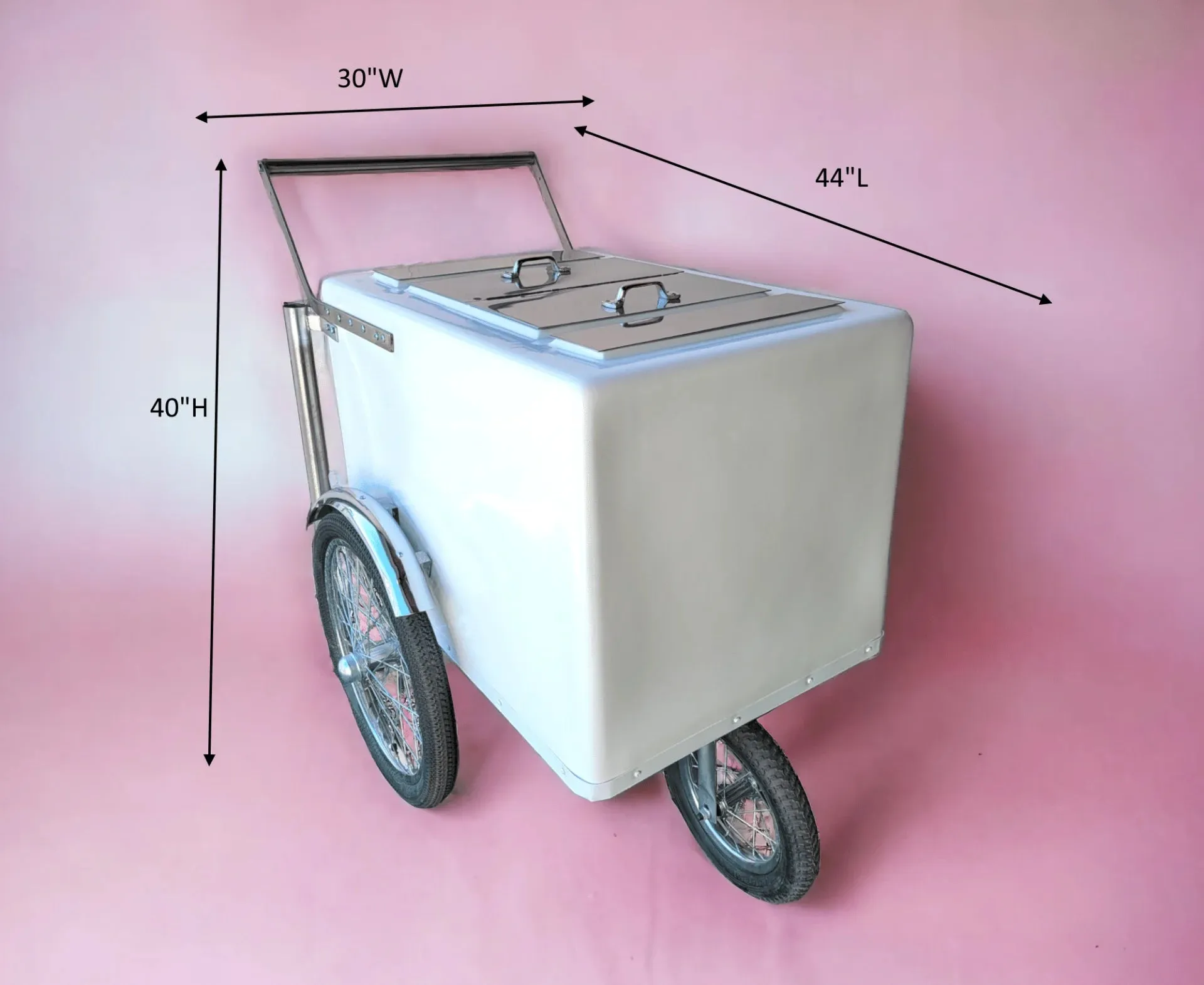 Tall Standard Size Popsicle & Ice Cream Cart with Bicycle Tires – White / Chrome / Stainless Steel – 3 Top Lid Openings - Image 9