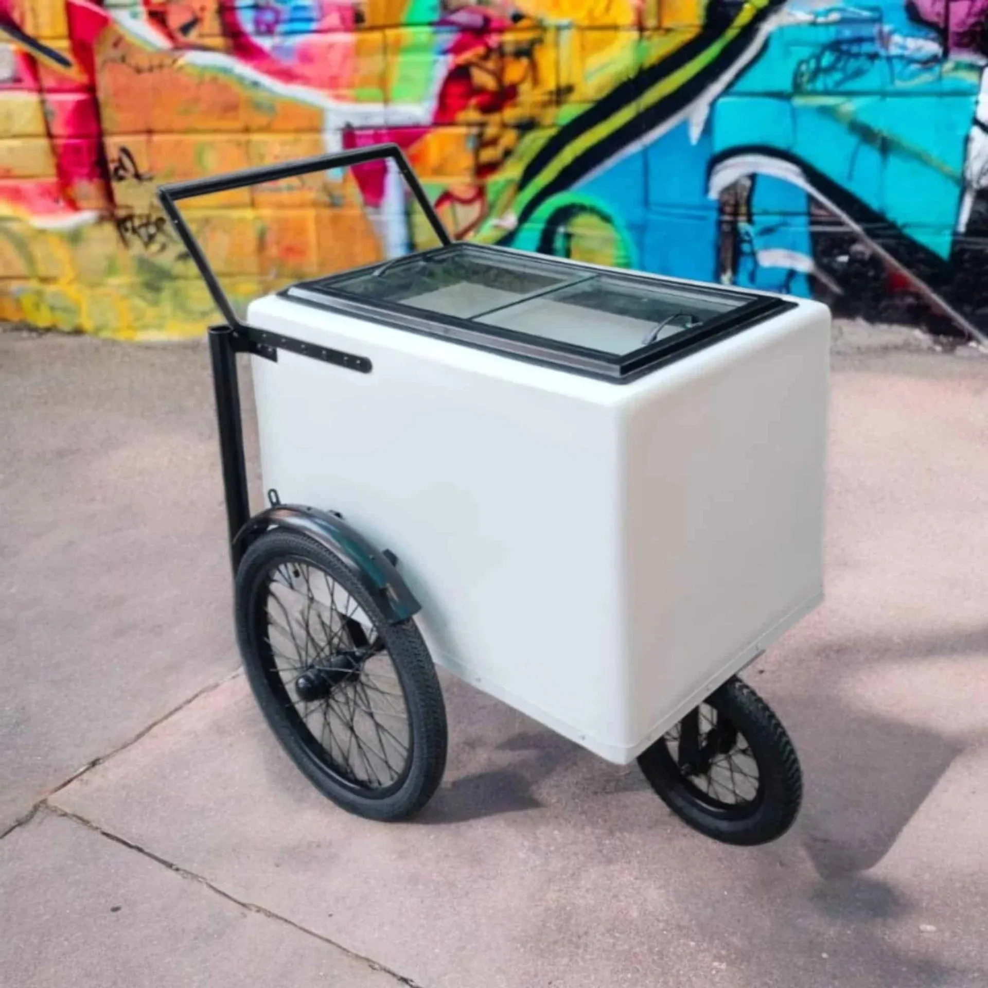 Tall Standard Size White with Black trim Popsicle Cart with Sliding Glass Doors and Bicycle Tires - Image 2