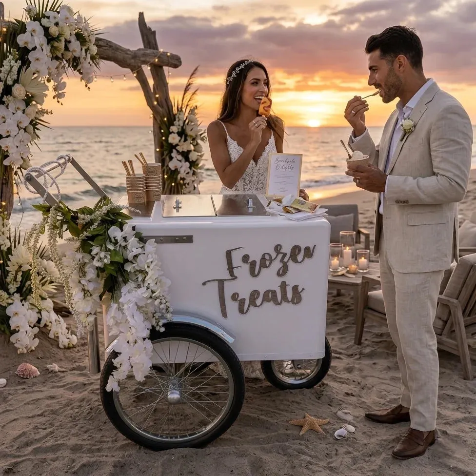 Tall Standard Size Popsicle & Ice Cream Cart with Bicycle Tires – White / Chrome / Stainless Steel – 3 Top Lid Openings - Image 2
