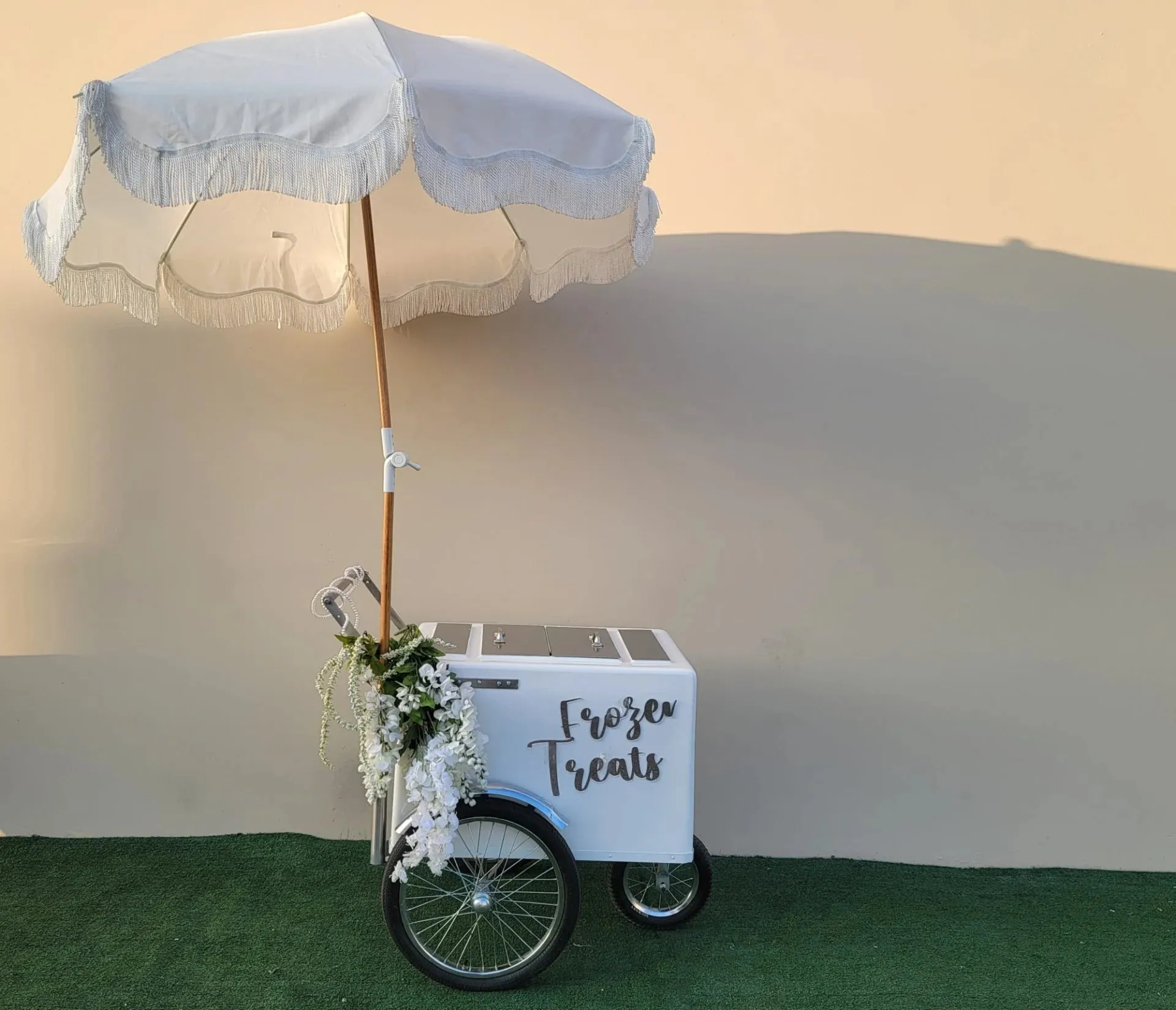 Tall Standard Size Popsicle & Ice Cream Cart with Bicycle Tires – White / Chrome / Stainless Steel – 3 Top Lid Openings - Image 3