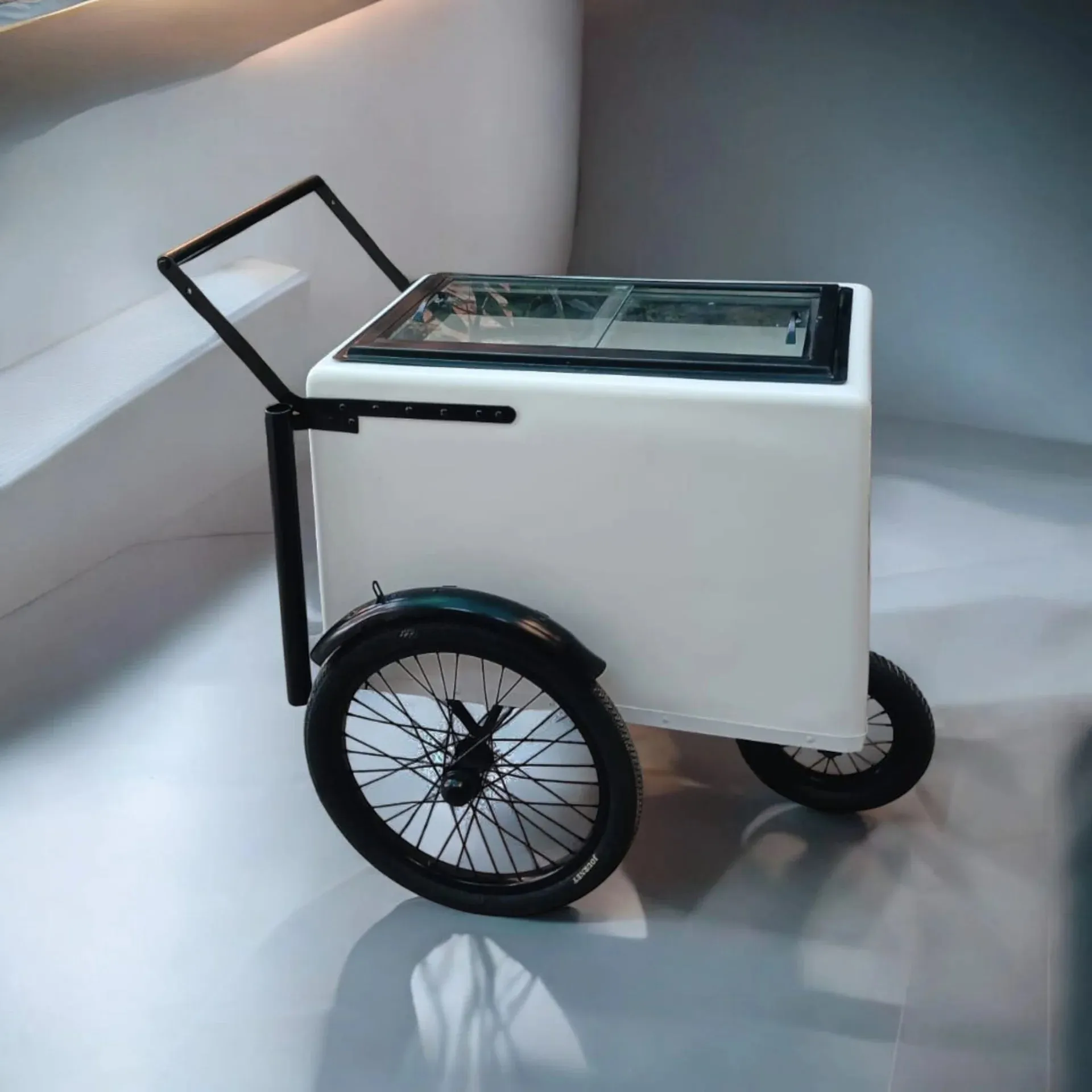 Tall Standard Size White with Black trim Popsicle Cart with Sliding Glass Doors and Bicycle Tires - Image 4