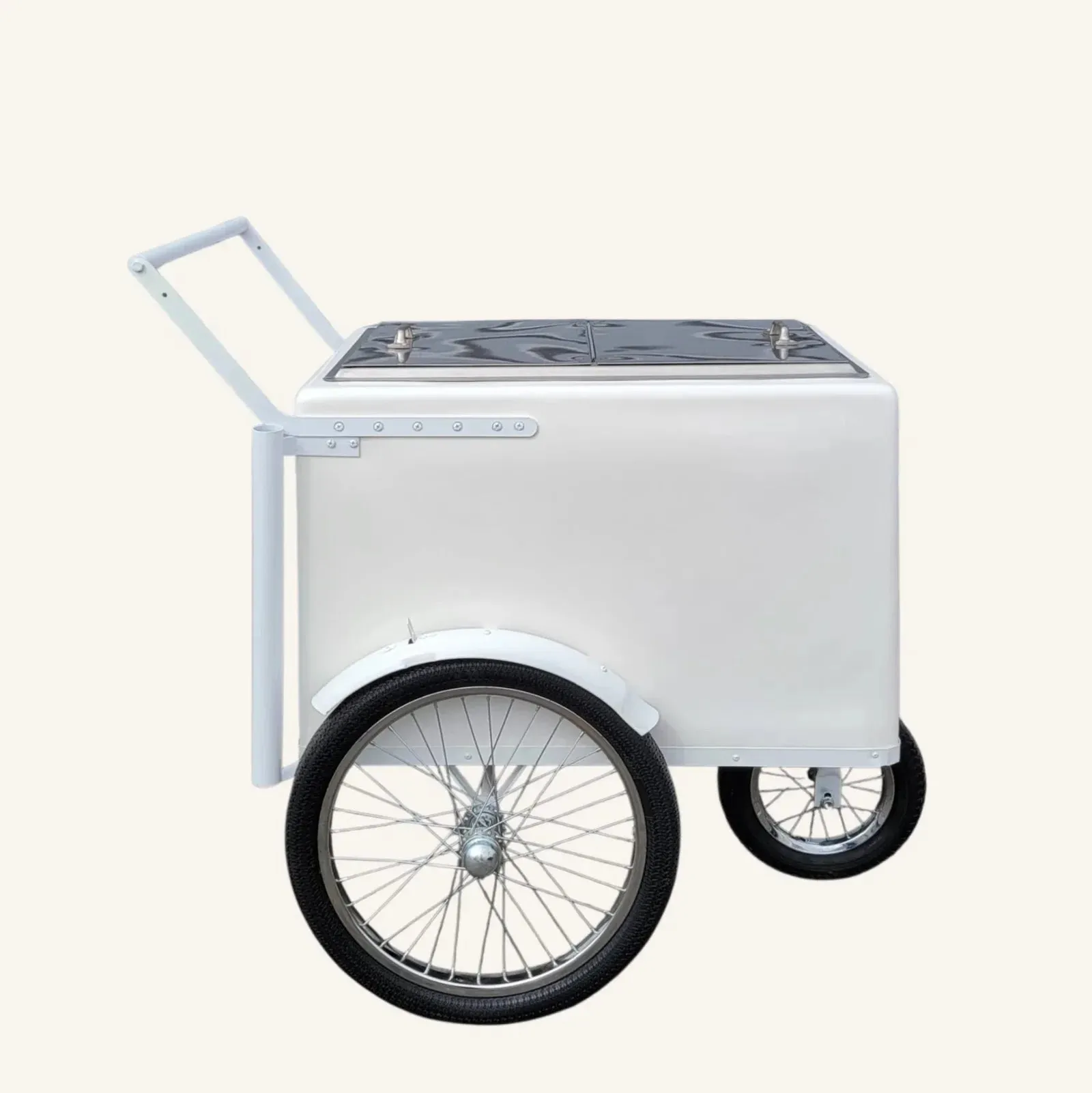 Tall Standard size Popsicle cart, Paleta Cart, Ice Cream Cart with XL reinforced flip door, bicycle tires, fenders all white - Image 4