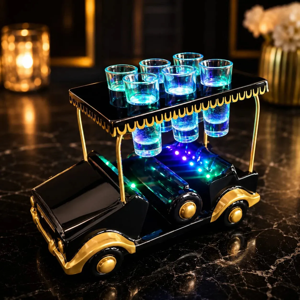 Black/Gold Golf Cart Shot Flight Tray with LED Lights | Golf Cart Tequila Shot Holder | Shot Glass Serving Tray | Golf Lover Gift | Bar & Restaurant Drink Service - Image 10