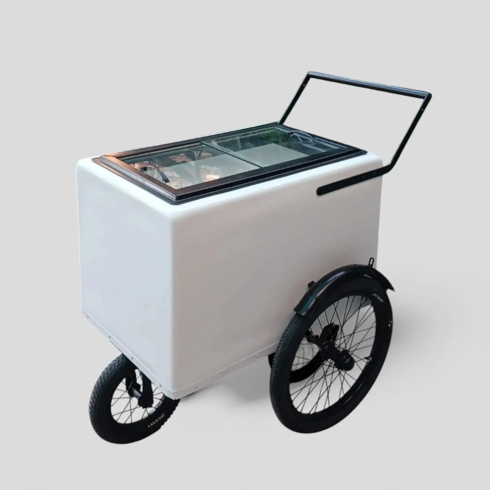 Tall Standard Size White with Black trim Popsicle Cart with Sliding Glass Doors and Bicycle Tires - Image 5