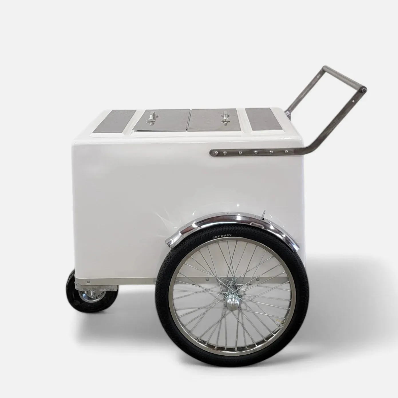 Standard Size Popsicle & Ice Cream Cart with Bicycle Tires – White / Chrome / Stainless Steel – 3 Top Lid Openings - Image 3