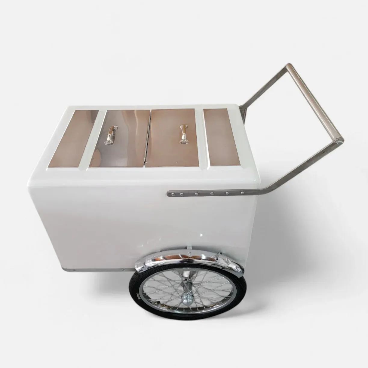 Tall Standard Size Popsicle & Ice Cream Cart with Bicycle Tires – White / Chrome / Stainless Steel – 3 Top Lid Openings - Image 6