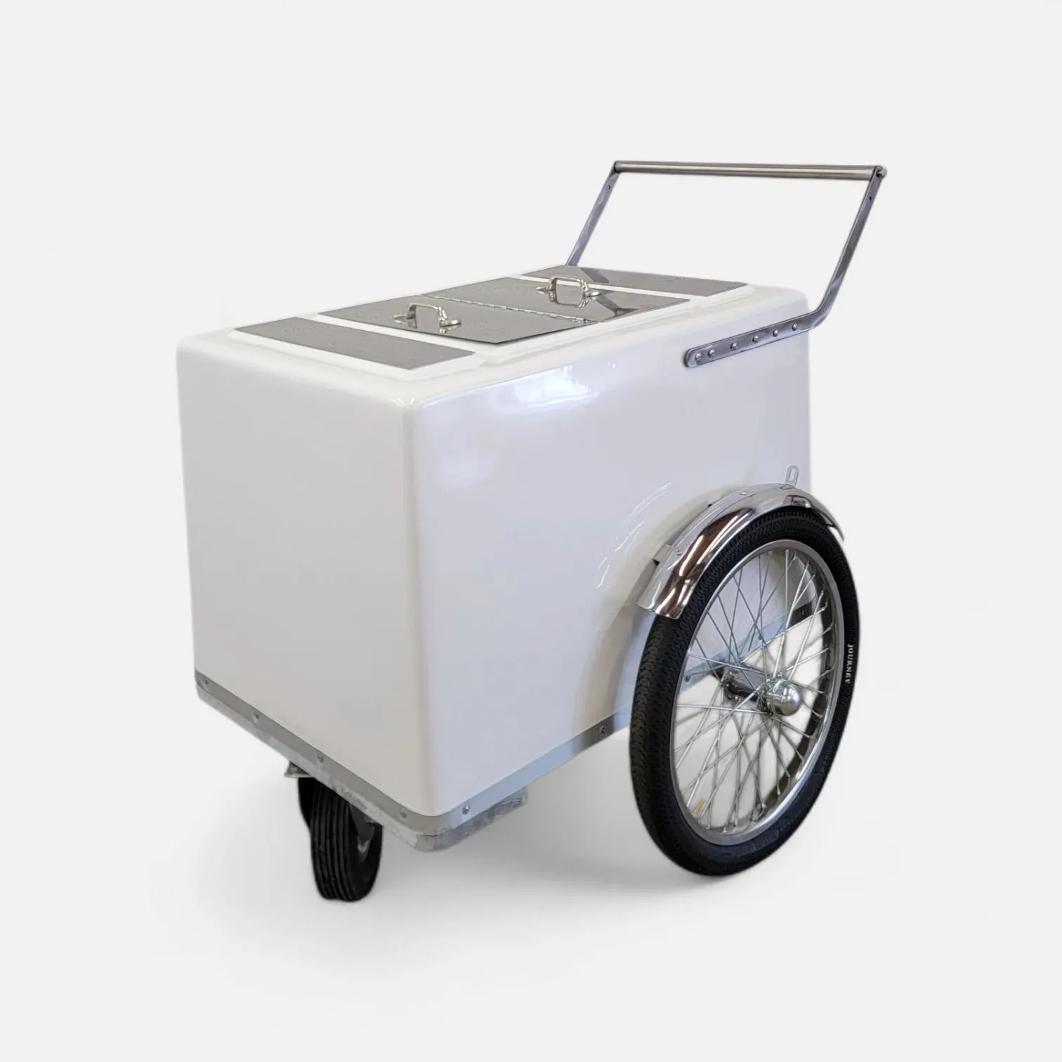 Standard Size Popsicle & Ice Cream Cart with Bicycle Tires – White / Chrome / Stainless Steel – 3 Top Lid Openings - Image 2