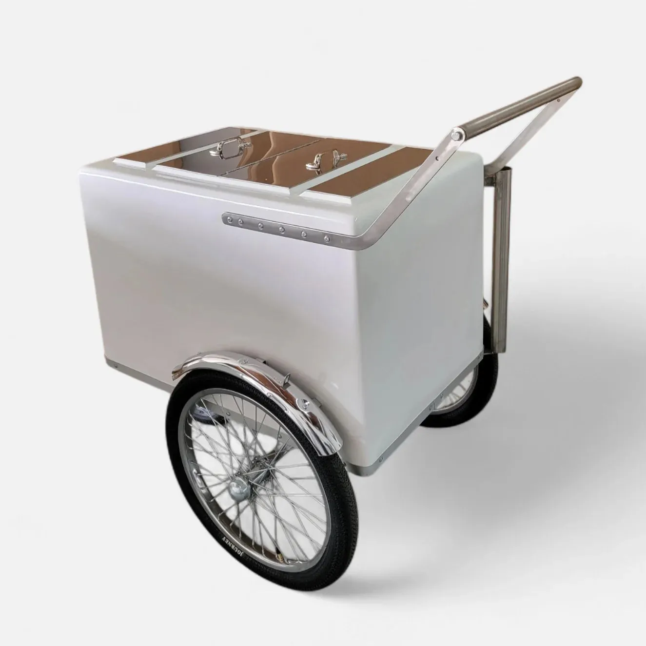 Tall Standard Size Popsicle & Ice Cream Cart with Bicycle Tires – White / Chrome / Stainless Steel – 3 Top Lid Openings - Image 4
