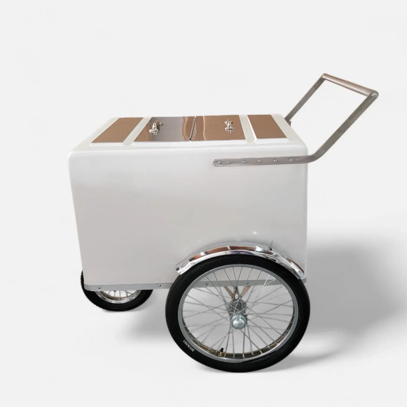 Tall Standard Size Popsicle & Ice Cream Cart with Bicycle Tires – White / Chrome / Stainless Steel – 3 Top Lid Openings - Image 5