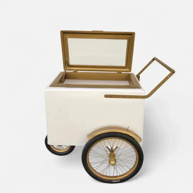 Tall Standard Size White with Gold trim Popsicle Cart with Glass Door and Bicycle Tires - Image 4