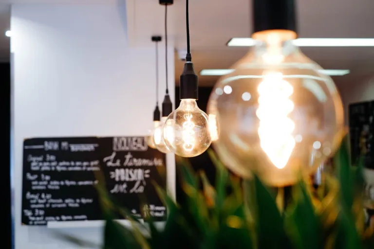 Warm light bulbs glowing in a restaurant